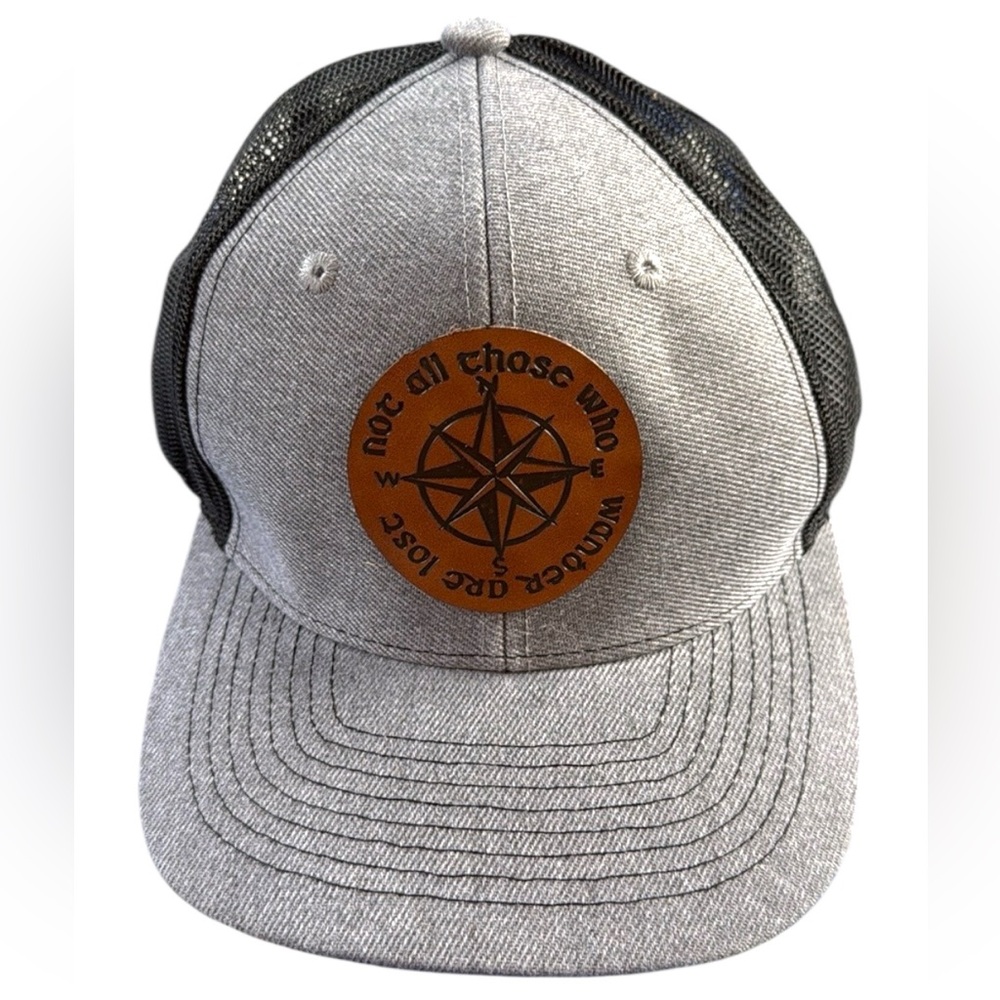 NWOT Not All Those Who Wander Are Lost Trucker Leather Hat Heather Grey/Black